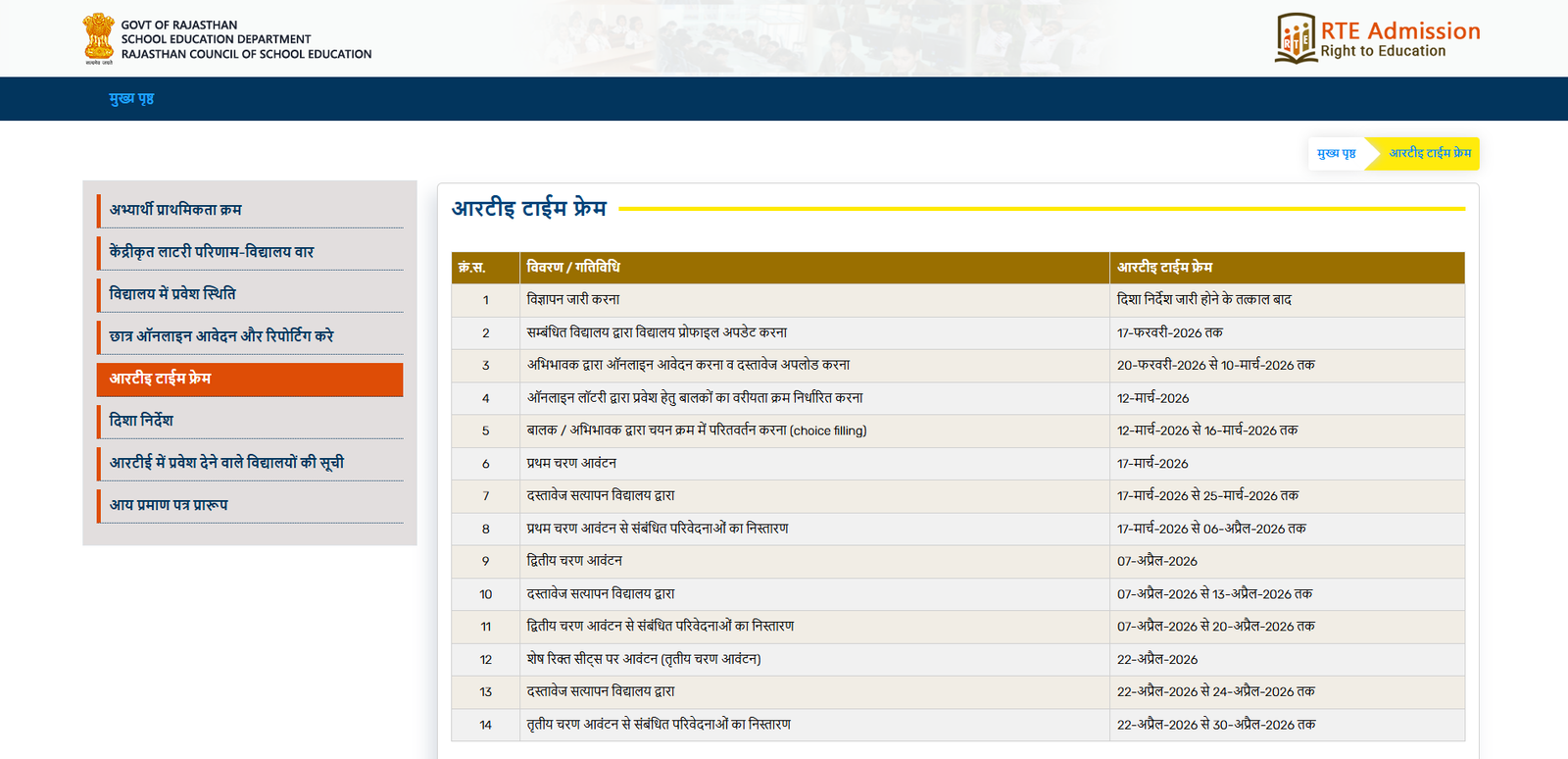 राजस्थान RTE प्रवेश योजना 2026